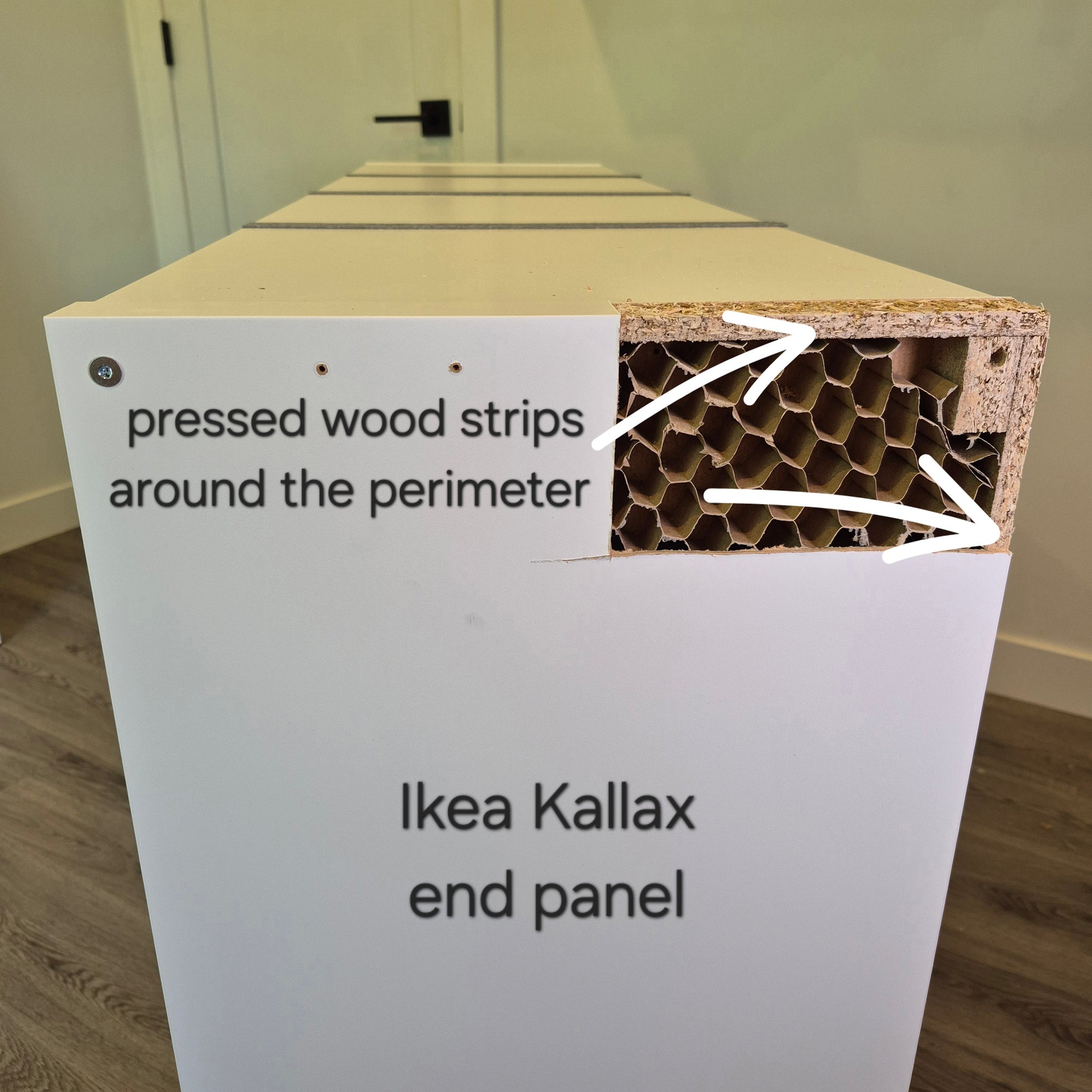 The internal construction of an Ikea Kallax panel showing the wood and honeycomb structure inside.